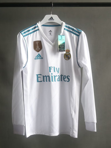 with Golden FIFA Patch Long Sleeve Player Version Retro Shirt 2017-2018 Real Madrid Home Soccer Jersey