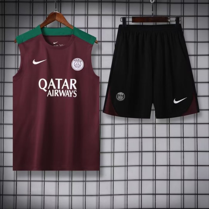 Adult Uniform 2024 PSG Maroon Soccer Training Vest and Shorts Football Set