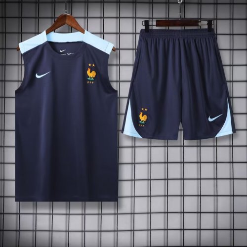 Adult Uniform 2024 France Dark Blue Soccer Training Vest and Shorts Football Set