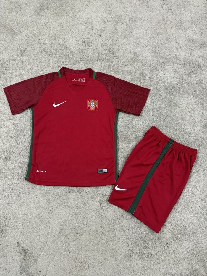 Retro Youth Uniform Kids Kit 2016 Portugal Home Soccer Jersey Shorts Child Football Set