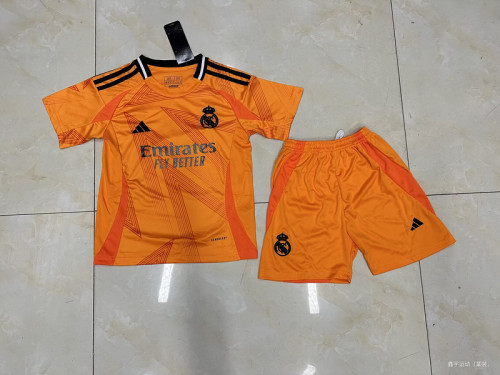 Youth Uniform Kids Kit 2024-2025 Real Madrid Away Orange Soccer Jersey Shorts Child Football Set