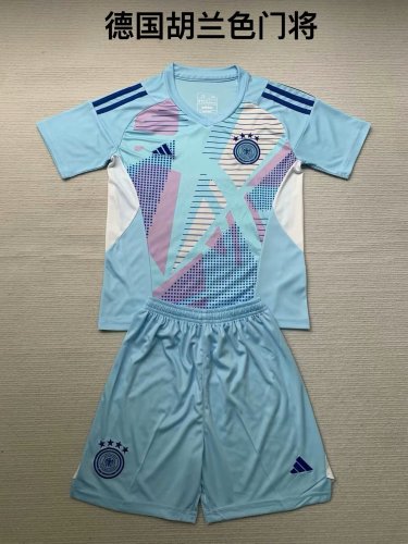 Youth Uniform Kids Kit Germany 2024 Blue Goalkeeper Soccer Jersey Shorts Child Football Set