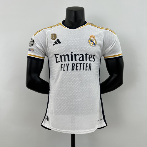 with Golden FIFA+UCL Patch Player Version 2023-2024 Real Madrid Home Soccer Jersey