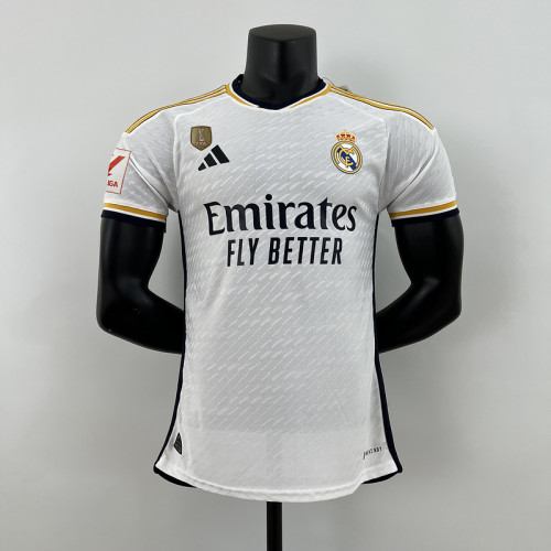 with Golden FIFA+LALIGA Patch Player Version 2023-2024 Real Madrid Home Soccer Jersey