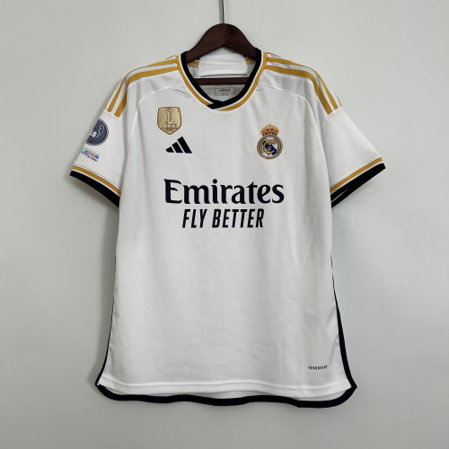 with Golden FIFA+Champions 15 Patch Fan Version 2023-2024 Real Madrid Home Soccer Jersey Real Football Shirt