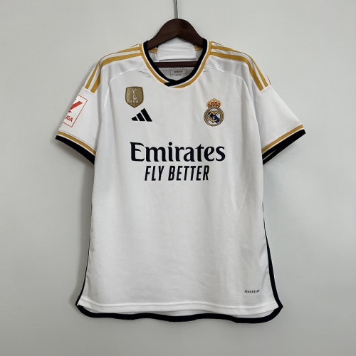 with Golden FIFA+LALIGA Patch Fan Version 2023-2024 Real Madrid Home Soccer Jersey Real Football Shirt