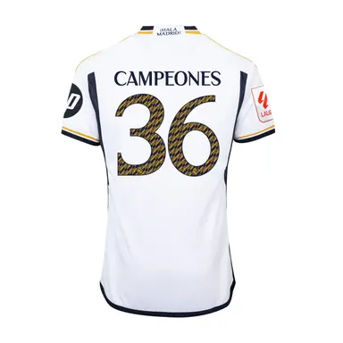 with HP+LALIGA Patch Fan Version 2023-2024 Real Madrid 36 CAMPEONES Home Soccer Jersey Real Football Shirt