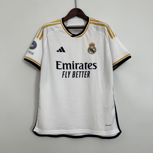 with Champions 15 Patch Fan Version 2023-2024 Real Madrid Home Soccer Jersey Real Football Shirt