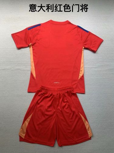 Youth Uniform Kids Kit Italy 2024 Red Goalkeeper Soccer Jersey Shorts Child Football Set