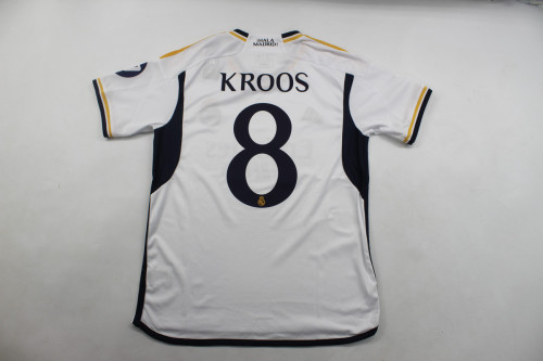 with Front Lettering+14 Badge+HP Logo Fan Version 2023-2024 Real Madrid KROOS 8 Home Soccer Jersey Real Football Shirt