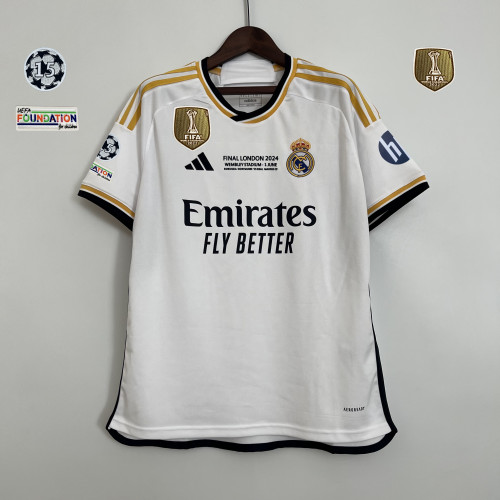 with Front Lettering+Golden FIFA+15 UCL Starball Patch+HP Fan Version 2023-2024 Real Madrid Home Soccer Jersey Real Football Shirt