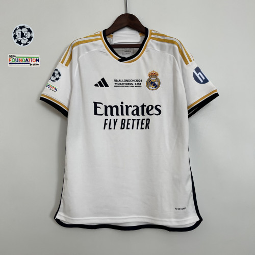 with Front Lettering+15 UCL Starball Patch+HP Fan Version 2023-2024 Real Madrid Final Match Home Soccer Jersey Real Football Shirt