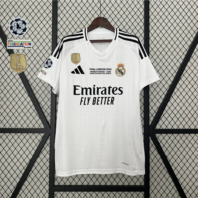 with Front Lettering+Golden FIFA 2024+UCL Starball Patch Fan Version 2024-2025 Real Madrid Home Soccer Jersey Real Football Shirt