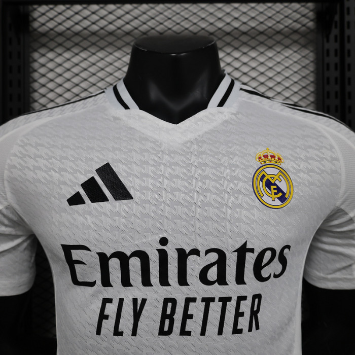 with HP+Golden FIFA 2024+UCL 15 Cup Patch Player Version 2024-2025 Real Madrid Home Soccer Jersey Real Football Shirt