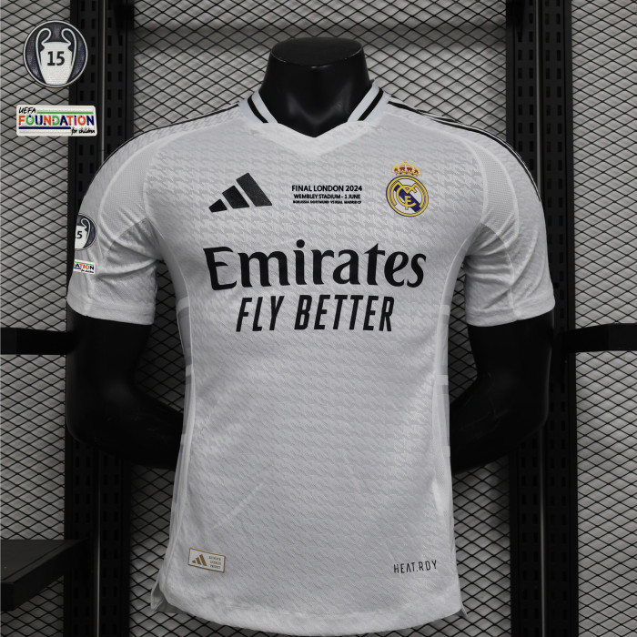 with Front Lettering+HP+UCL 15 Cup Patch Player Version 2024-2025 Real Madrid Home Soccer Jersey Real Football Shirt