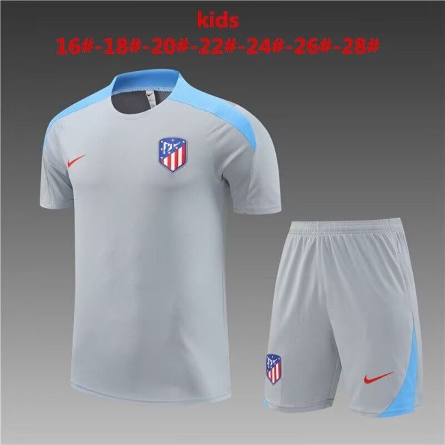 Youth Uniform Kids Kit 2024 Atletico Madrid Grey/Blue Soccer Training Jersey Shorts Child Football Set