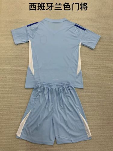 Youth Uniform Kids Kit Spain 2024 Blue Goalkeeper Soccer Jersey Shorts Child Football Set