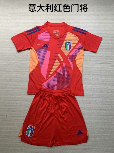 Adult Uniform Men's Kit Italy 2024 Red Goalkeeper Soccer Jersey Shorts Football Set