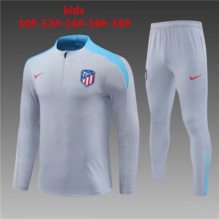 Youth 2024-2025 Atletico Madrid Grey/Green Soccer Training Sweater and Pants Child Football Kit