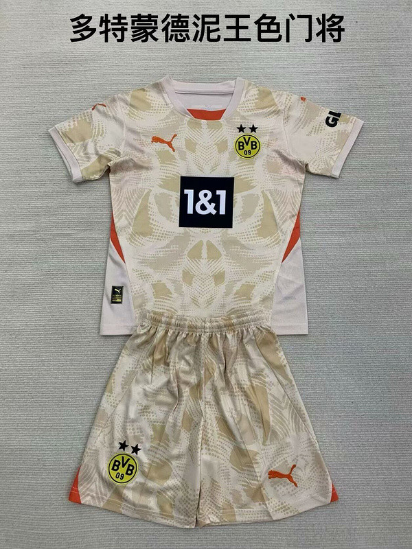 Youth Uniform Kids Kit Borussia Dortmund 2024-2025 Grey Goalkeeper Soccer Jersey Shorts BVB Child Football Set