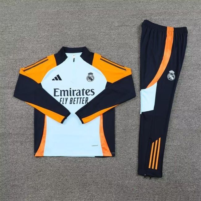 2024-2025 Real Madrid Light Bluee/Yellow Soccer Training Sweater and Pants Football Kit