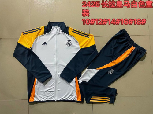 2024-2025 Youth Real Madrid White/Yellow/Dark Blue Soccer Training Jacket Football Jacket and Pants