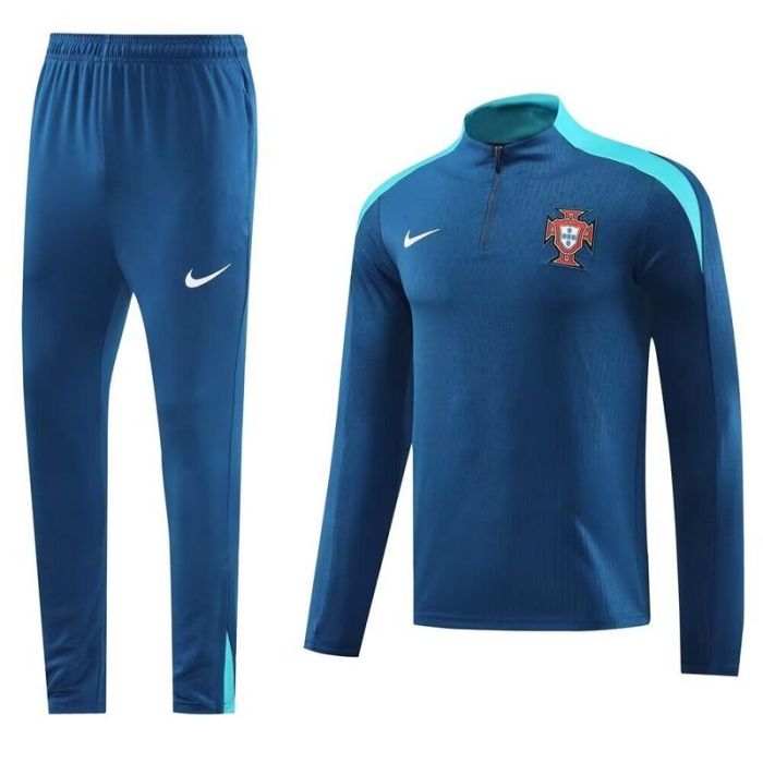 2024-2025 Portugal Dark Blue/Green Soccer Training Sweater and Pants Football Kit
