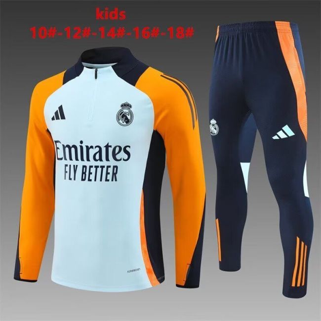 Youth 2024-2025 Real Madrid Light Blue/Yellow Soccer Training Sweater and Pants Child Football Kit
