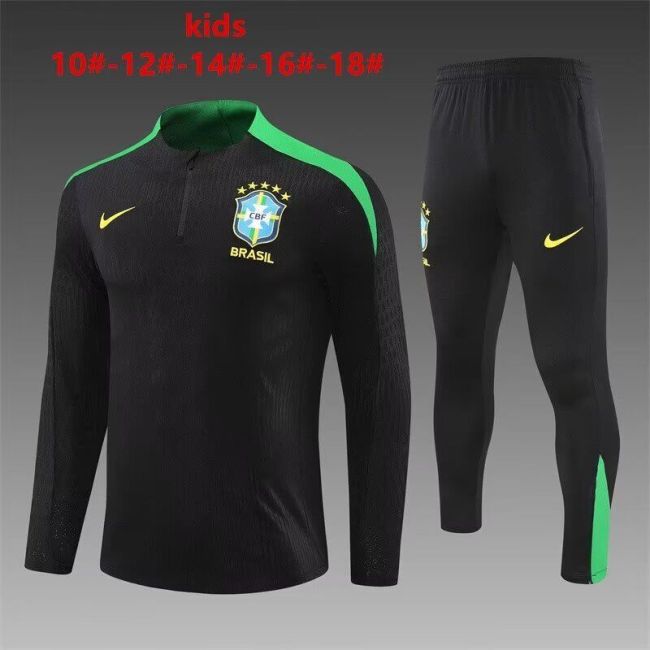 Youth 2024 Brazil Black/Green Soccer Training Sweater and Pants Brasil Child Football Kit