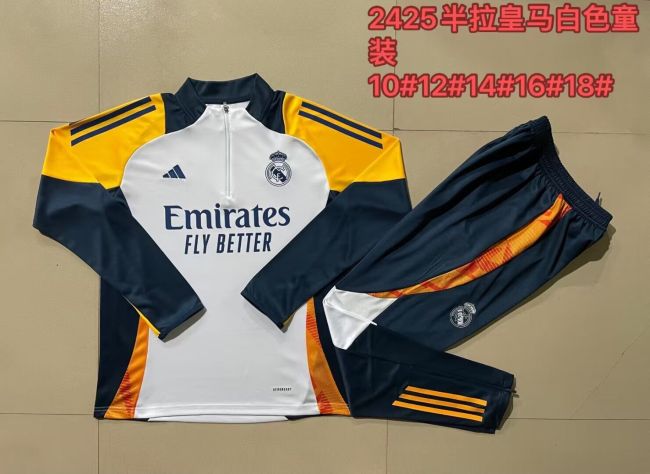2024-2025 Real Madrid White/Yellow/Dark Blue Soccer Training Sweater and Pants Football Kit