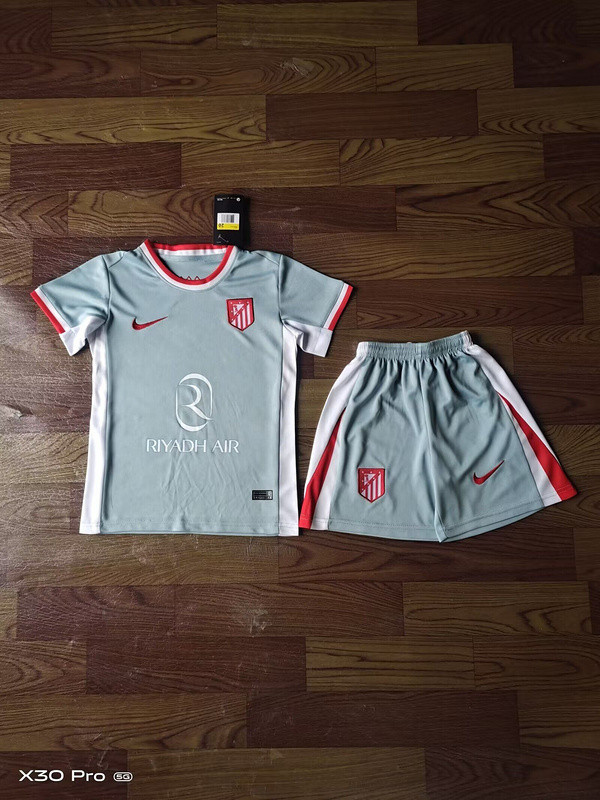 Youth Uniform Kids Kit 2024-2025 Atletico Madrid Away Light Green Soccer Jersey Shorts Child Football Set