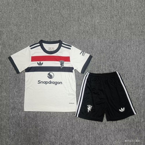 Youth Uniform Kids Kit 2024-2025 Manchester United Third Away White Soccer Jersey Shorts Child Football Set