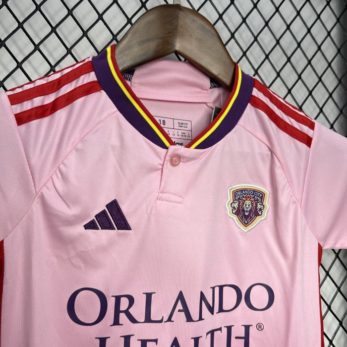 Youth Uniform Kids Kit 2024-2025 Orlando City Away Pink Soccer Jersey Shorts Child Football Set