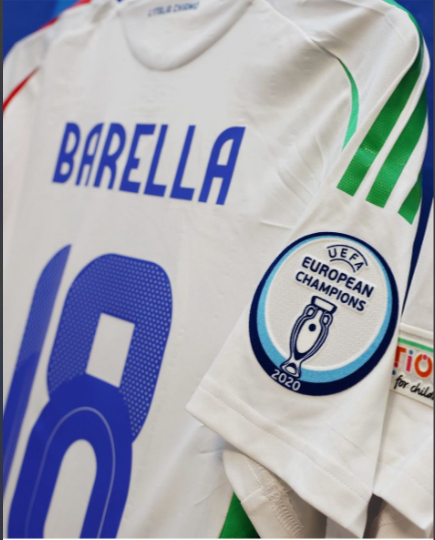 with UEFA EUROPEAN CHAMPIONS 2020+Euro Patch Fan Version Italy 2024 Barella 18 Away White Soccer Jersey Football Shirt