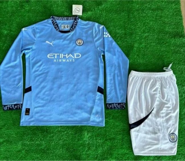 Long Sleeve Youth Uniform Kids Kit Manchester City 2024-2025 Home Soccer Jersey Shorts Child Football Set