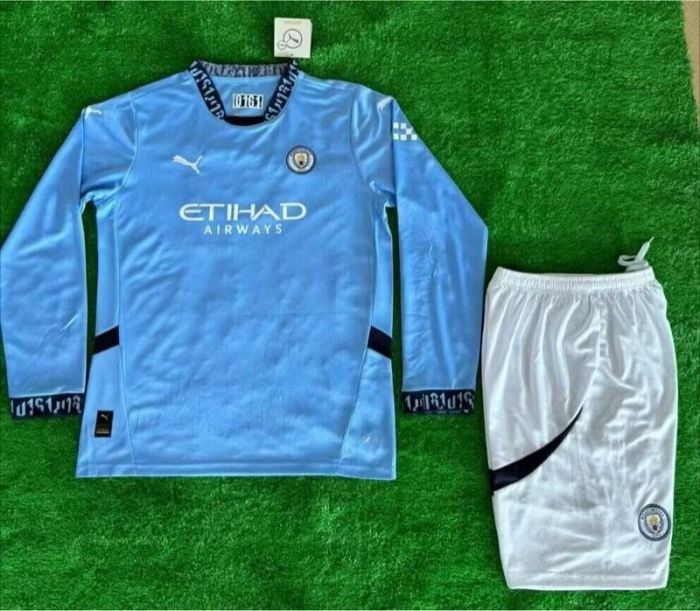 Long Sleeve Youth Uniform Kids Kit Manchester City 2024-2025 Home Soccer Jersey Shorts Child Football Set