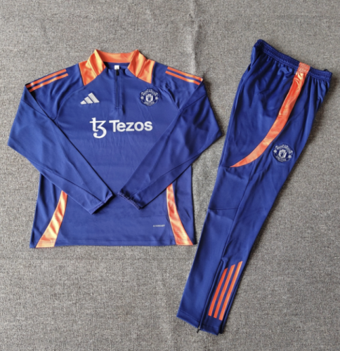 2024-2025 Manchester United Blue/Orange Soccer Training Sweater and Pants Football Kit