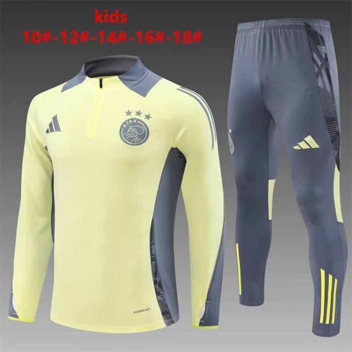 Youth 2024-2025 Ajax Yellow/Grey Soccer Training Sweater and Pants Child Football Kit