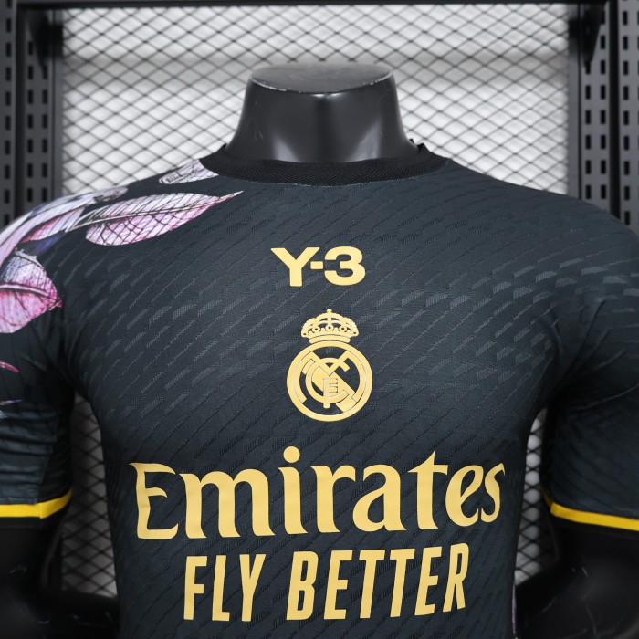 Player Version 2024 Real Madrid Y-3 Black/Gold Flower Soccer Jersey Real Football Shirt