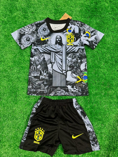 Youth Uniform Kids Kit Brazil 2024 Black Jesus Version Soccer Jersey Shorts Child Football Set