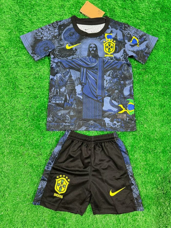 Youth Uniform Kids Kit Brazil 2024 Blue Jesus Version Soccer Jersey Shorts Child Football Set