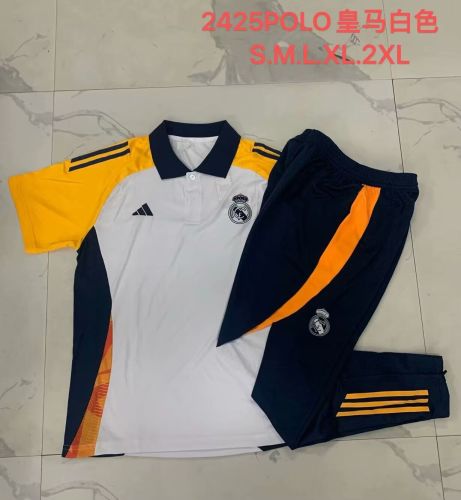 Adult Uniform 2024-2025 Real Madrid White/Yellow/Dark Blue Soccer Polo and Pants Football Set