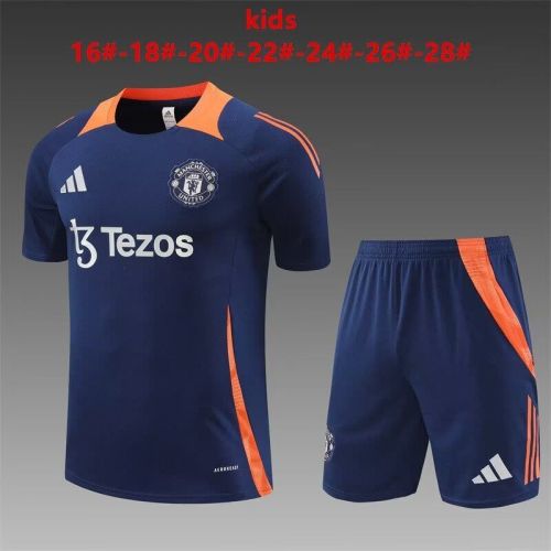 Youth Uniform Kids Kit 2024 Manchester United Dark Blue/Orange Soccer Training Jersey Shorts Child Football Set