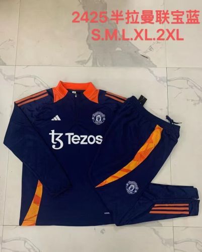 2024-2025 Manchester United Dark Blue/Orange Soccer Training Sweater and Pants Football Kit