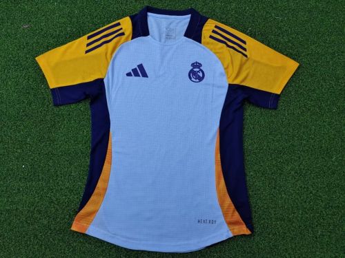 Player Version 2024-2025 Real Madrid Light Blue/Yellow Soccer Training Jersey Real Football Pre-match Shirt