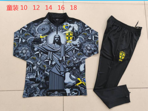 Youth 2024 Brazil Jesus Version Soccer Training Sweater and Pants Child Football Kit