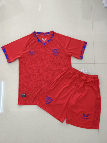 Youth Uniform Kids Kit 2024-2025 Sevilla Away Red Soccer Jersey Shorts Child Football Set