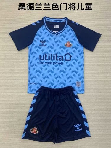 Youth Uniform Kids Kit Sunderland 2024-2025 Blue Goalkeeper Soccer Jersey Shorts Child Football Set
