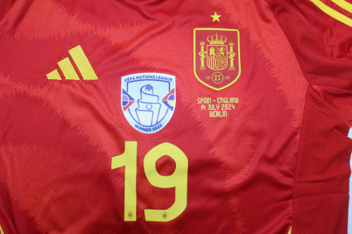 with Front Lettering+UEFA NATIONS LEAGUE WINNER 2023 Patch+Euro 2024 Champions Badge Fan Version Spain 2024 LAMINE YAMAL 19 Final Home Soccer Jersey España Camisetas de Futbol