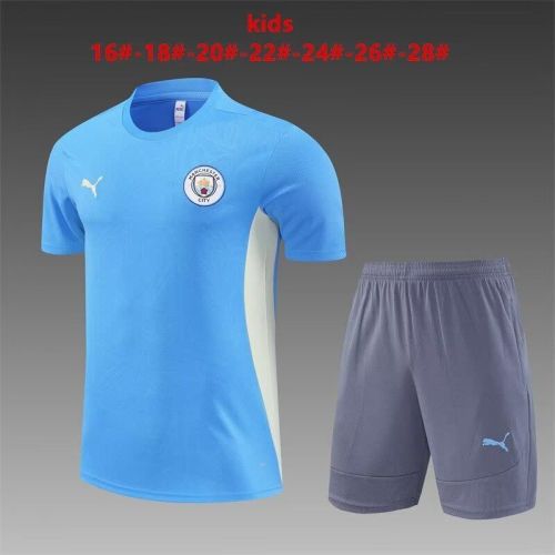 Youth Uniform Kids Kit 2024-2025 Manchester City Blue/Yellow Soccer Training Jersey Shorts Child Football Set